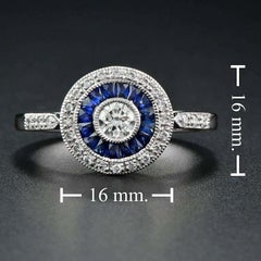 Art Deco Style Brilliant Diamond & Blue Sapphire Engagement Platinum Ring