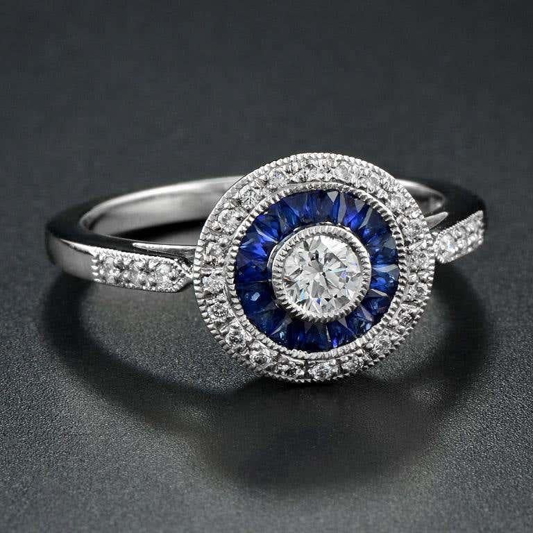 Women's Art Deco Style Brilliant Diamond & Blue Sapphire Engagement Platinum Ring For Sale