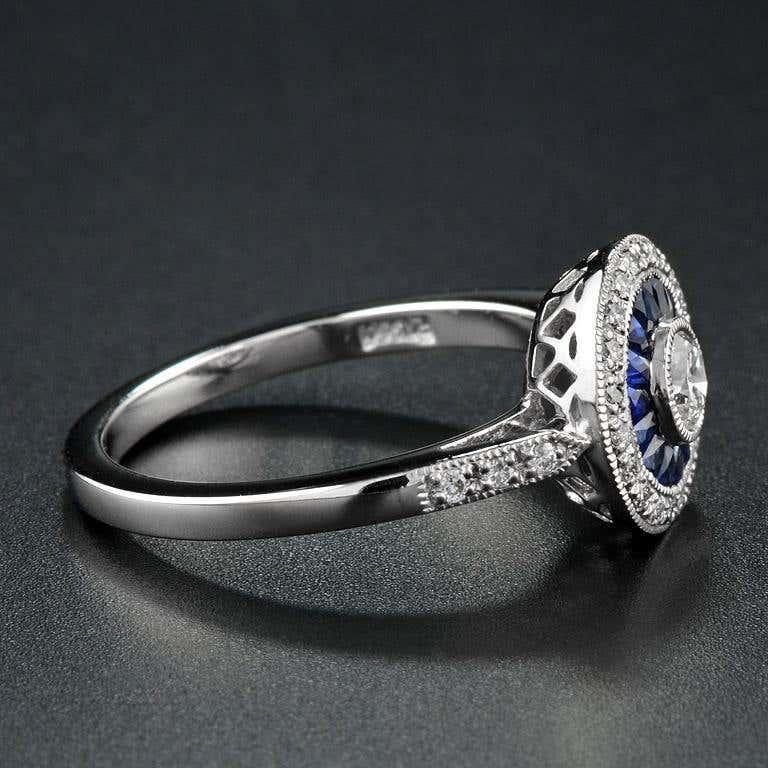 Art Deco Style Brilliant Diamond & Blue Sapphire Engagement Platinum Ring For Sale 1