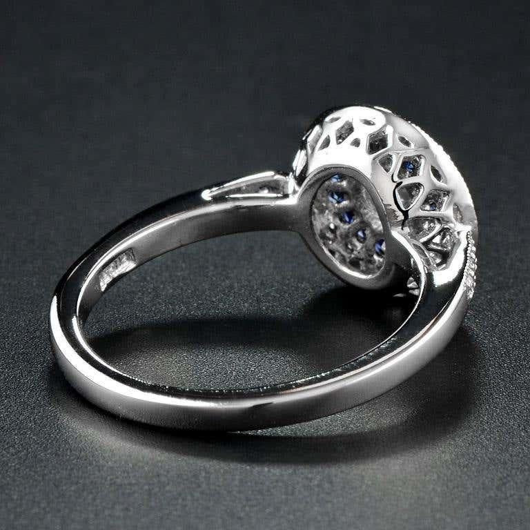 Art Deco Style Brilliant Diamond & Blue Sapphire Engagement Platinum Ring For Sale 2