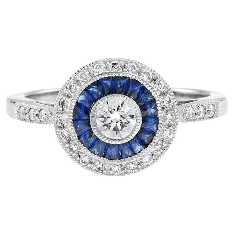 Art Deco Style Brilliant Diamond & Blue Sapphire Engagement Platinum Ring
