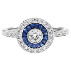 Art Deco Style Brilliant Diamond & Blue Sapphire Engagement Platinum Ring