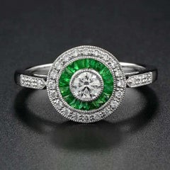 Art Deco Style Brilliant Diamond & Green Emerald Engagement Platinum Ring