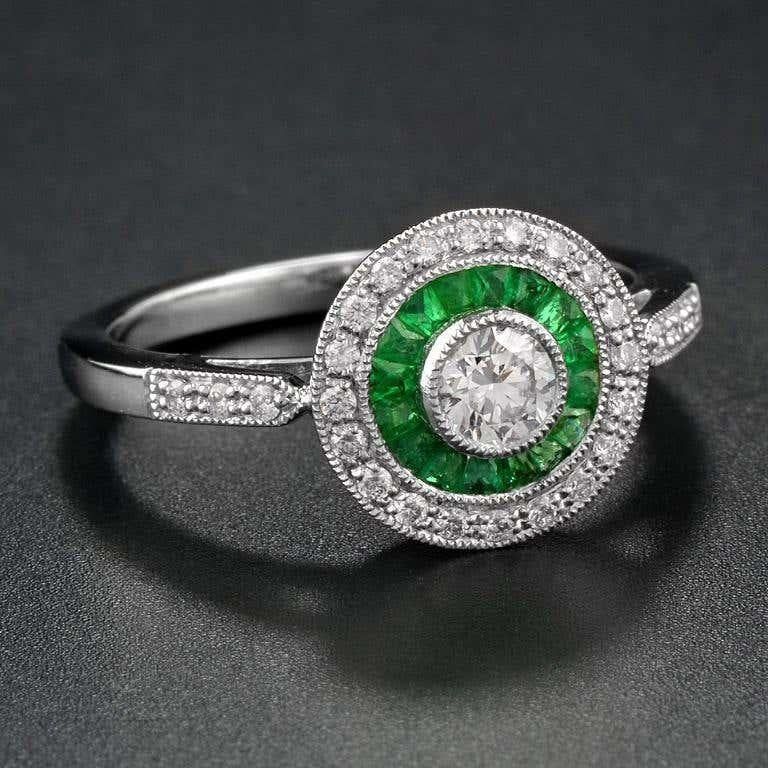 French Cut Art Deco Style Brilliant Diamond & Green Emerald Engagement Platinum Ring For Sale