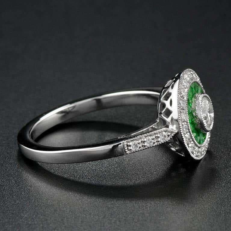 Art Deco Style Brilliant Diamond & Green Emerald Engagement Platinum Ring In New Condition For Sale In Oakton, VA