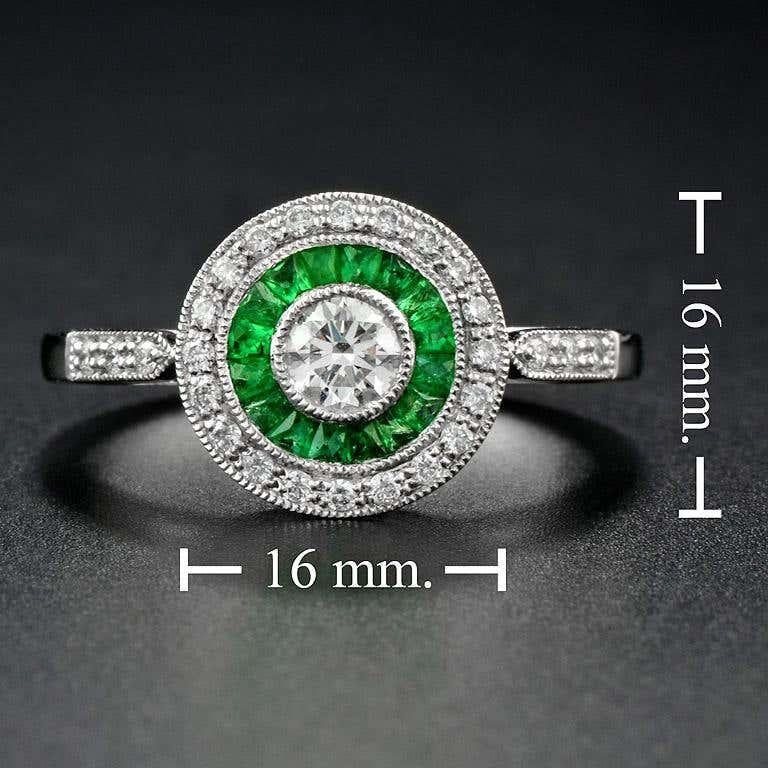 Art Deco Style Brilliant Diamond & Green Emerald Engagement Platinum Ring For Sale 2