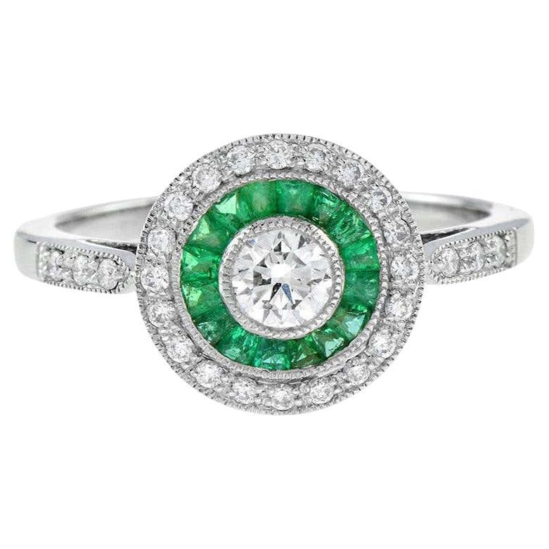 Art Deco Style Brilliant Diamond & Green Emerald Engagement Platinum Ring