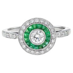 Art Deco Style Brilliant Diamond & Green Emerald Engagement Platinum Ring