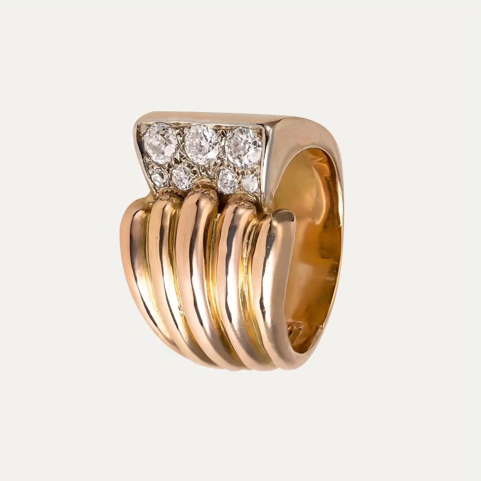 Anillo de Oro Rosa con Diamantes Brillantes Estilo Art Déco Corte europeo antiguo en venta