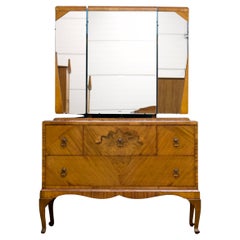 Vintage Art Deco Style British Burr Walnut Inlaid Dressing Chest, 1950s