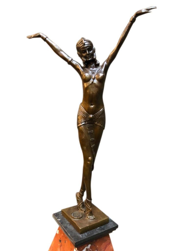 A stunning Art Deco style bronze Ballerina on marble base, Artist J.B Deposee. The artist has captured a beautiful scene, with spectacular attention to detail. The bronze stands on a Rosa Verona marble base.

Dimensions (inches)
H 22, W 9.