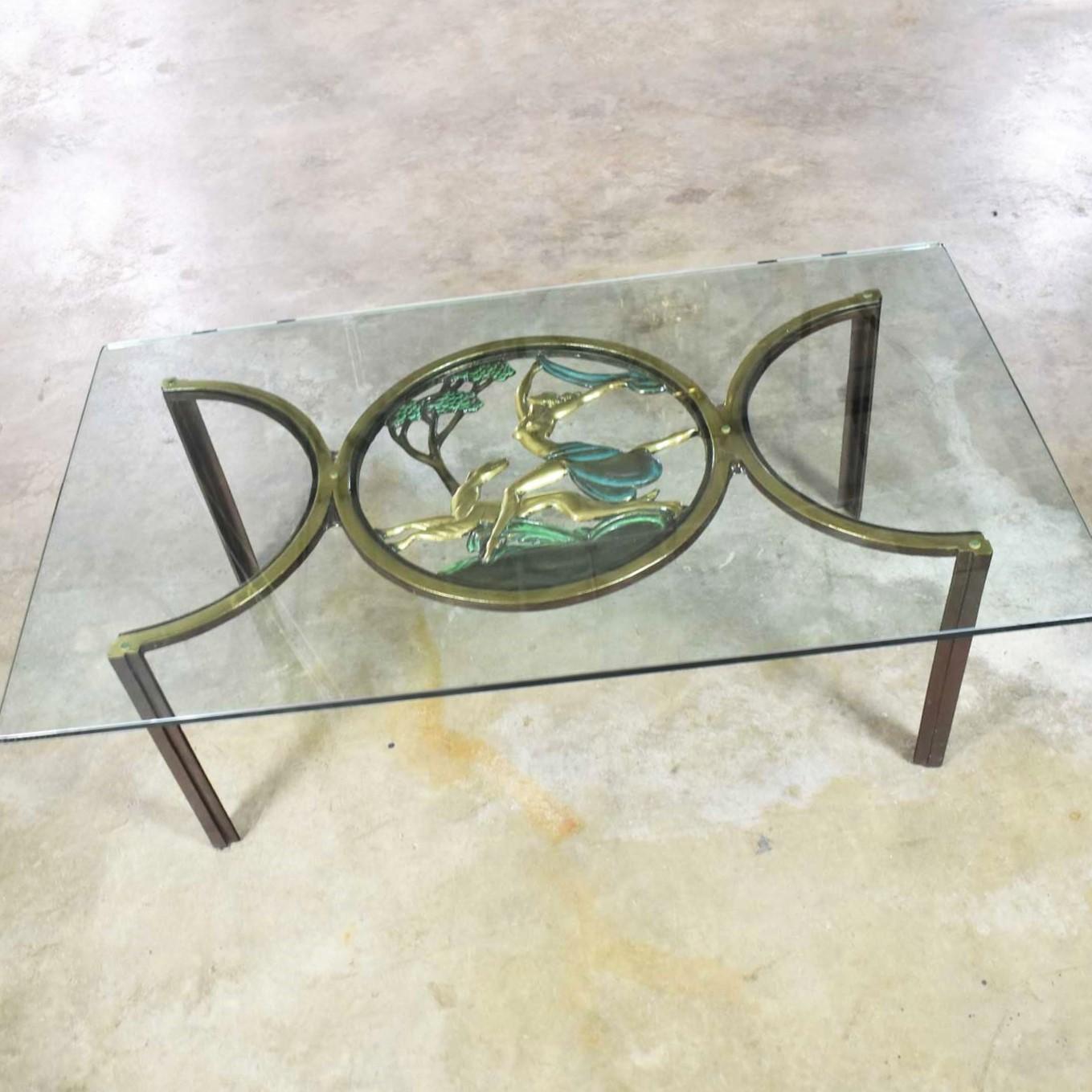 Art Deco Style Bronze Coffee Table with Diana the Huntress Medallion & Glass Top 9