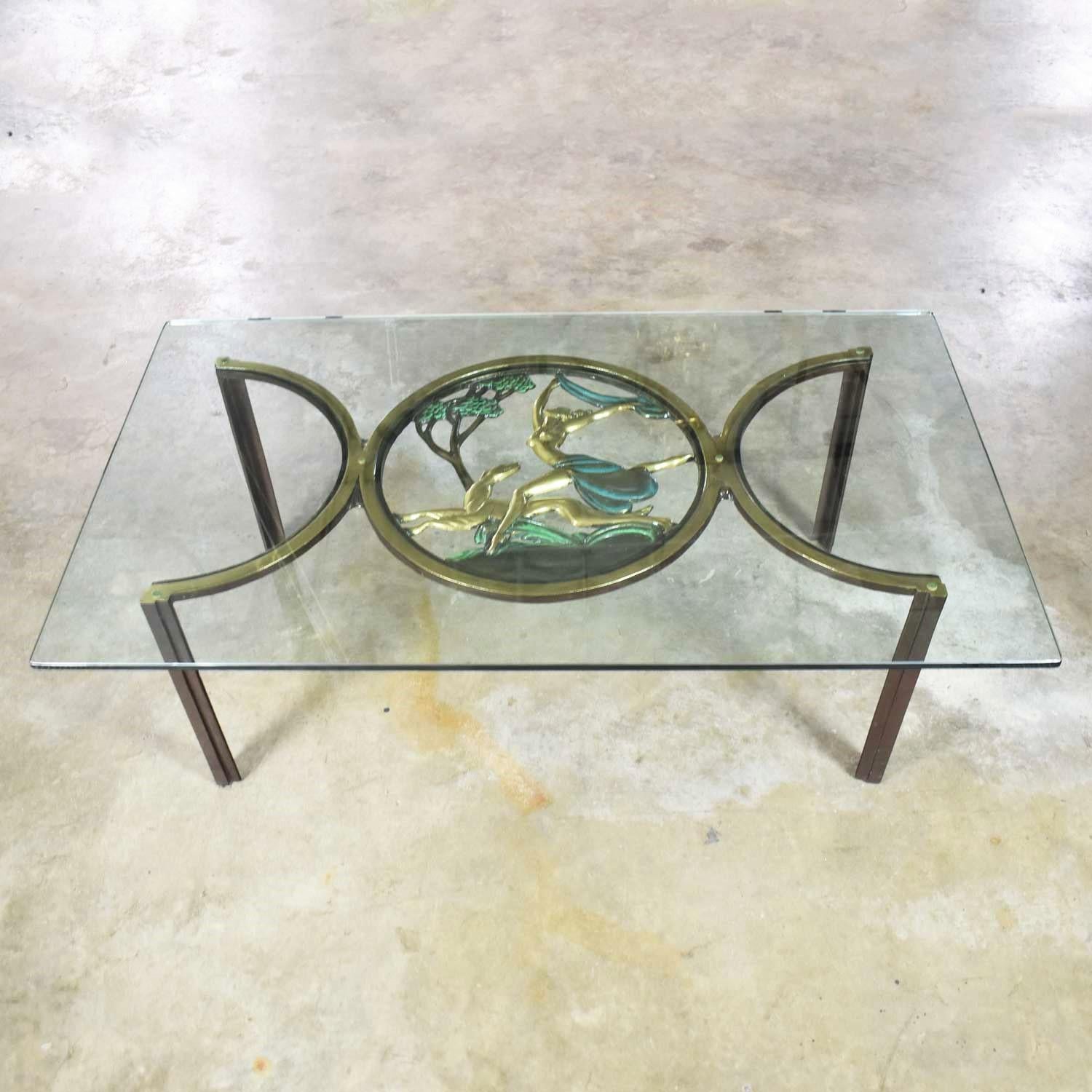 American Art Deco Style Bronze Coffee Table with Diana the Huntress Medallion & Glass Top