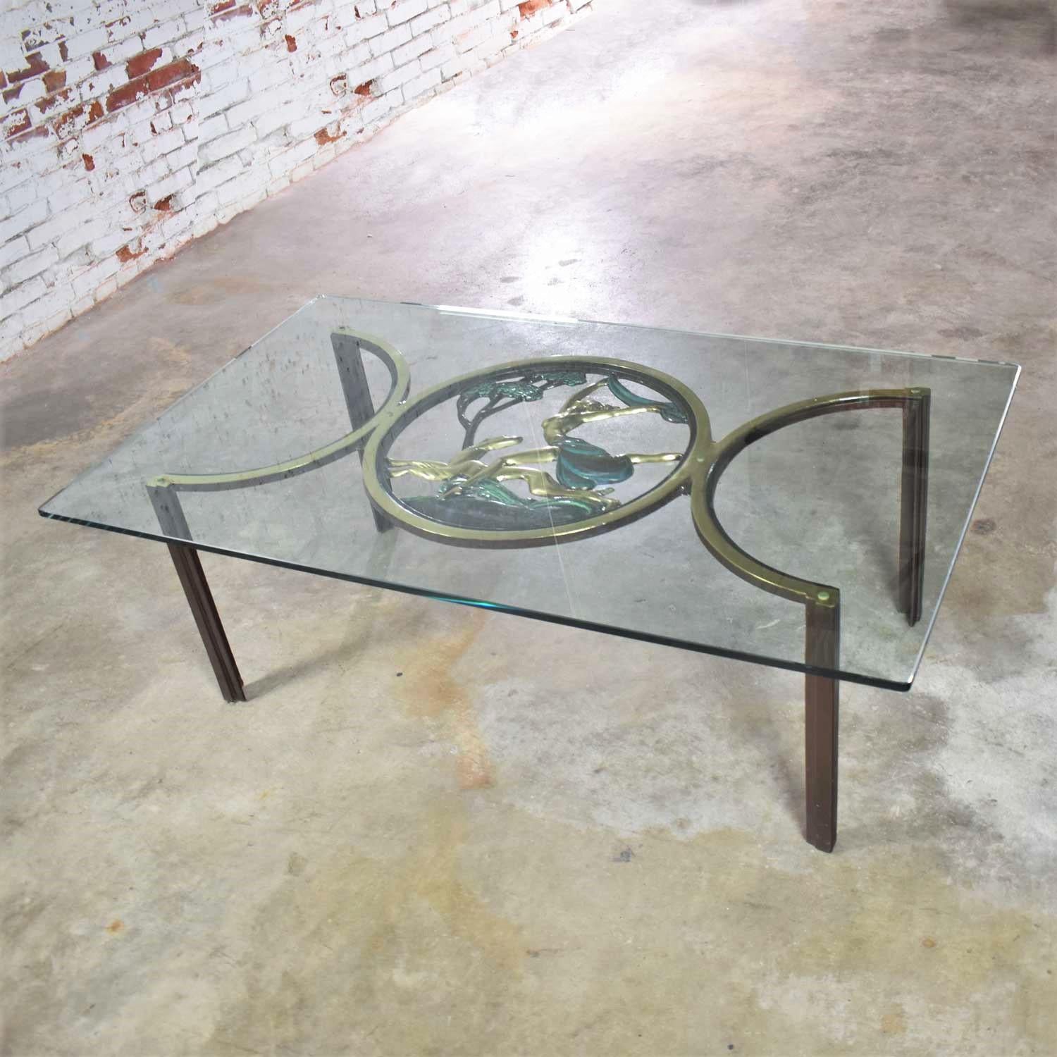 Cast Art Deco Style Bronze Coffee Table with Diana the Huntress Medallion & Glass Top
