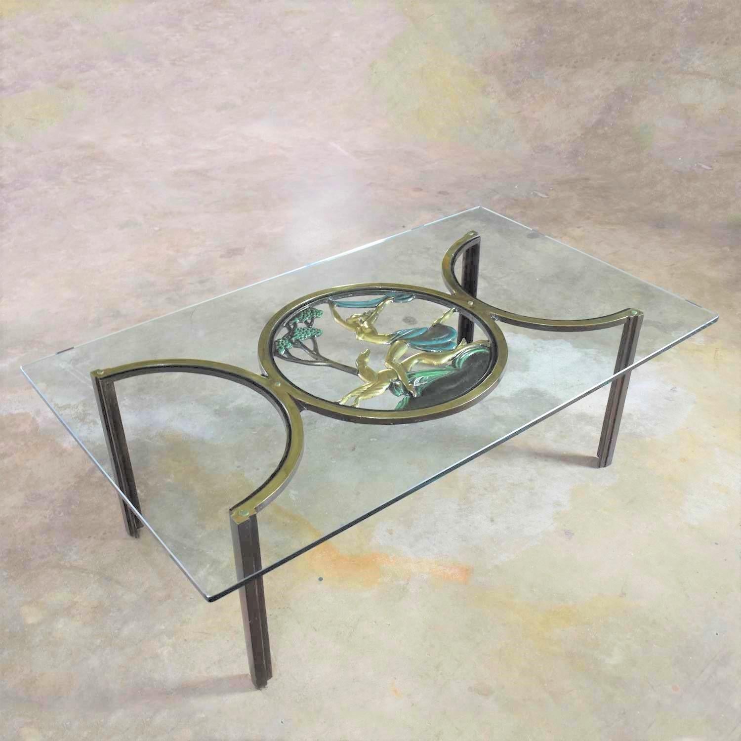 Art Deco Style Bronze Coffee Table with Diana the Huntress Medallion & Glass Top In Good Condition In Topeka, KS