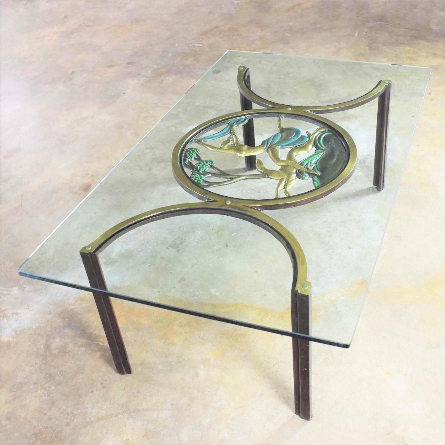 20th Century Art Deco Style Bronze Coffee Table with Diana the Huntress Medallion & Glass Top