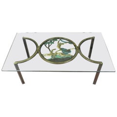 Used Art Deco Style Bronze Coffee Table with Diana the Huntress Medallion & Glass Top