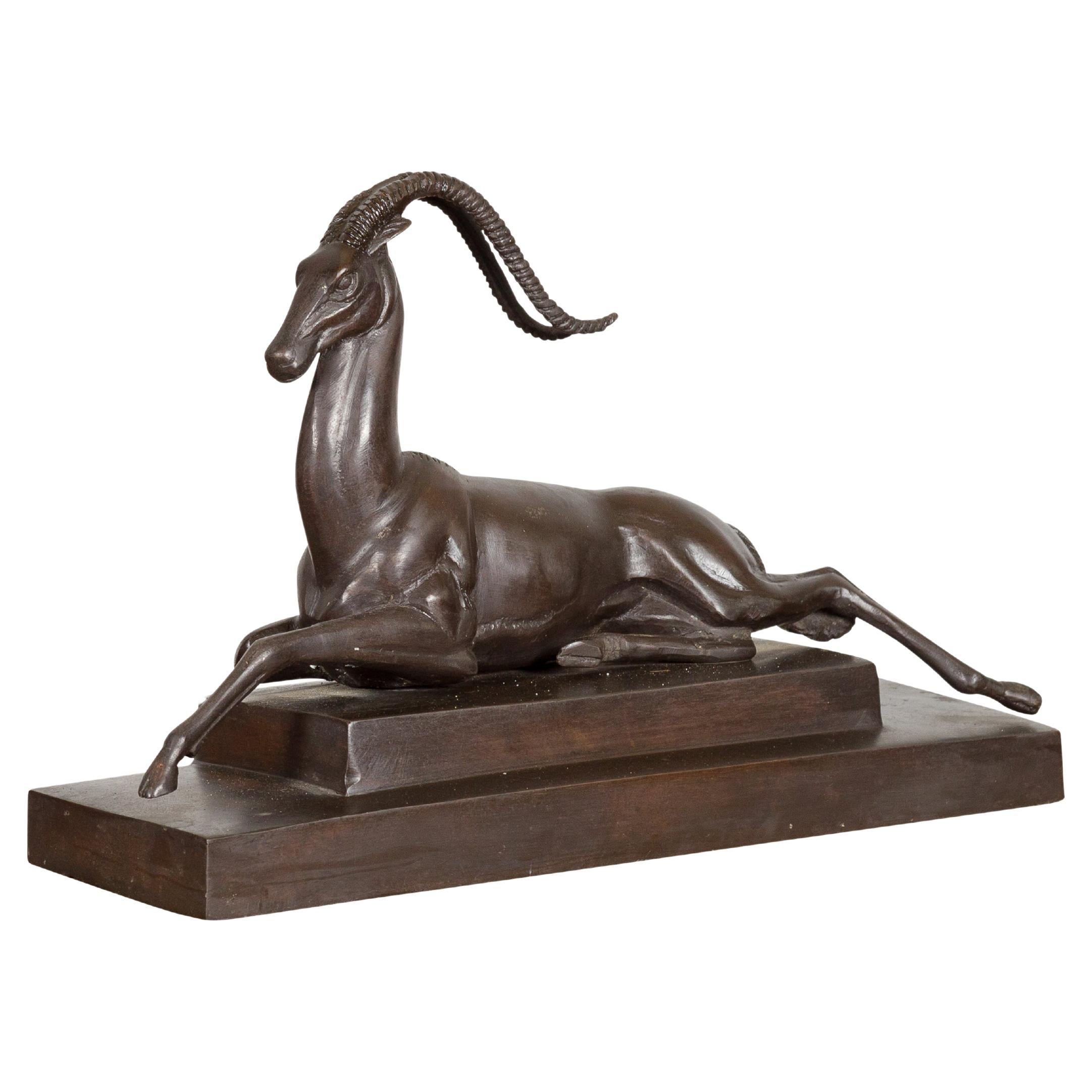 Art Deco Style Bronze Gazelle on Stepped Base after Pierre Le Faguays
