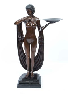 Art Deco Style Bronze Girl with a Shawl and Platter