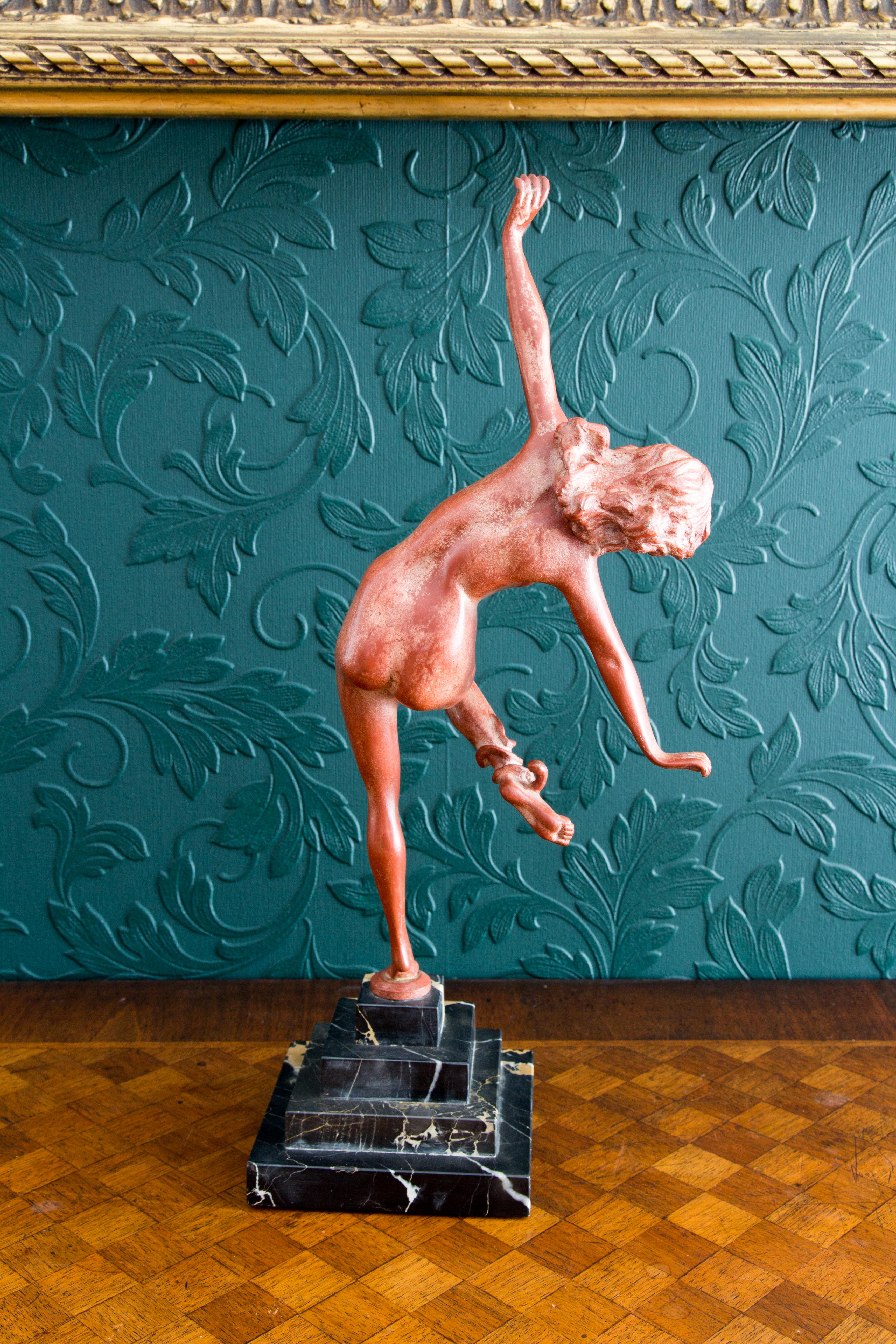 Art Deco Style Bronze Nude Lady with Snake Figure, The Snake Dancer, 1920's (Patiniert)