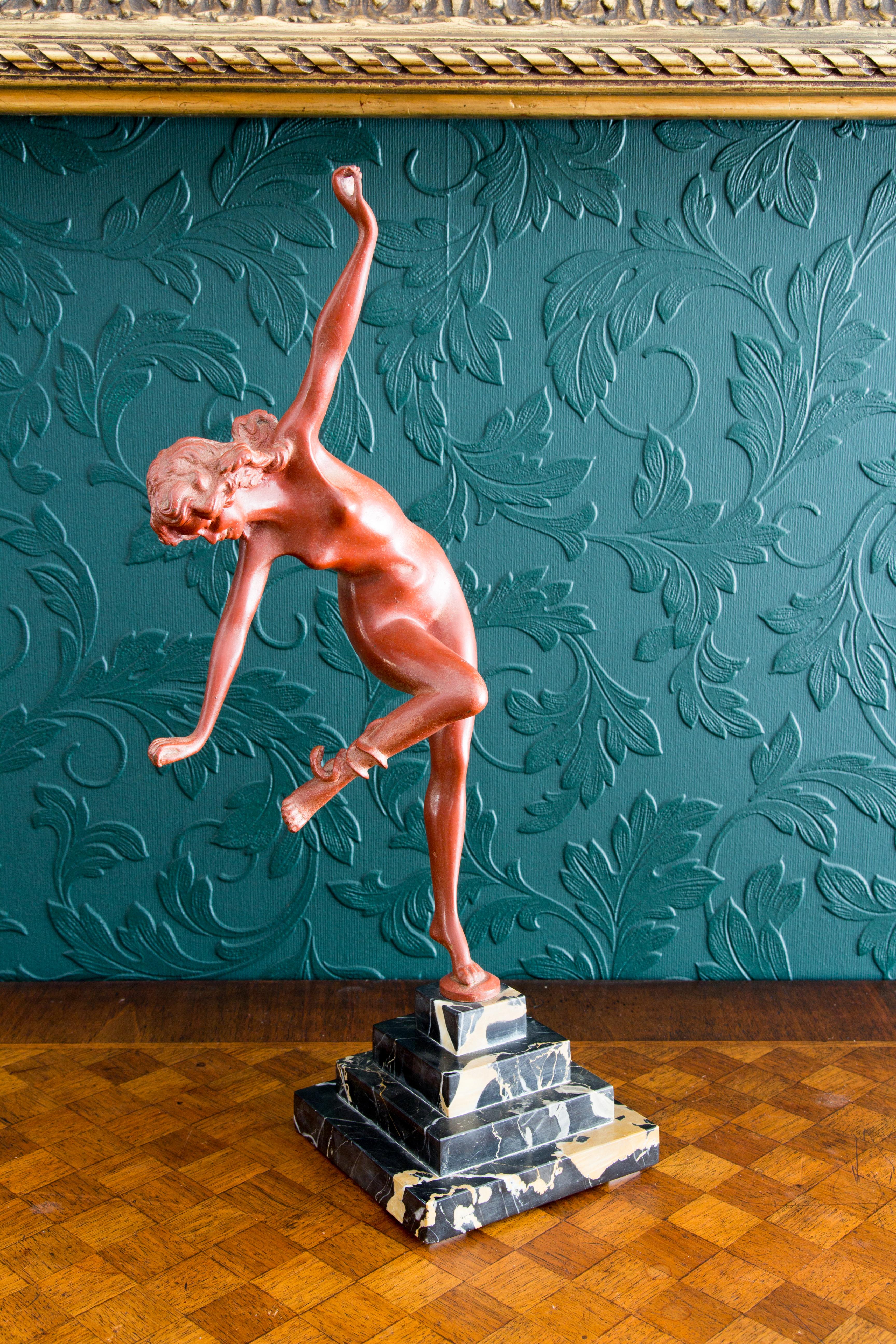 Marble Art Deco Style Bronze Nude Lady with Snake Figure, The Snake Dancer, 1920's