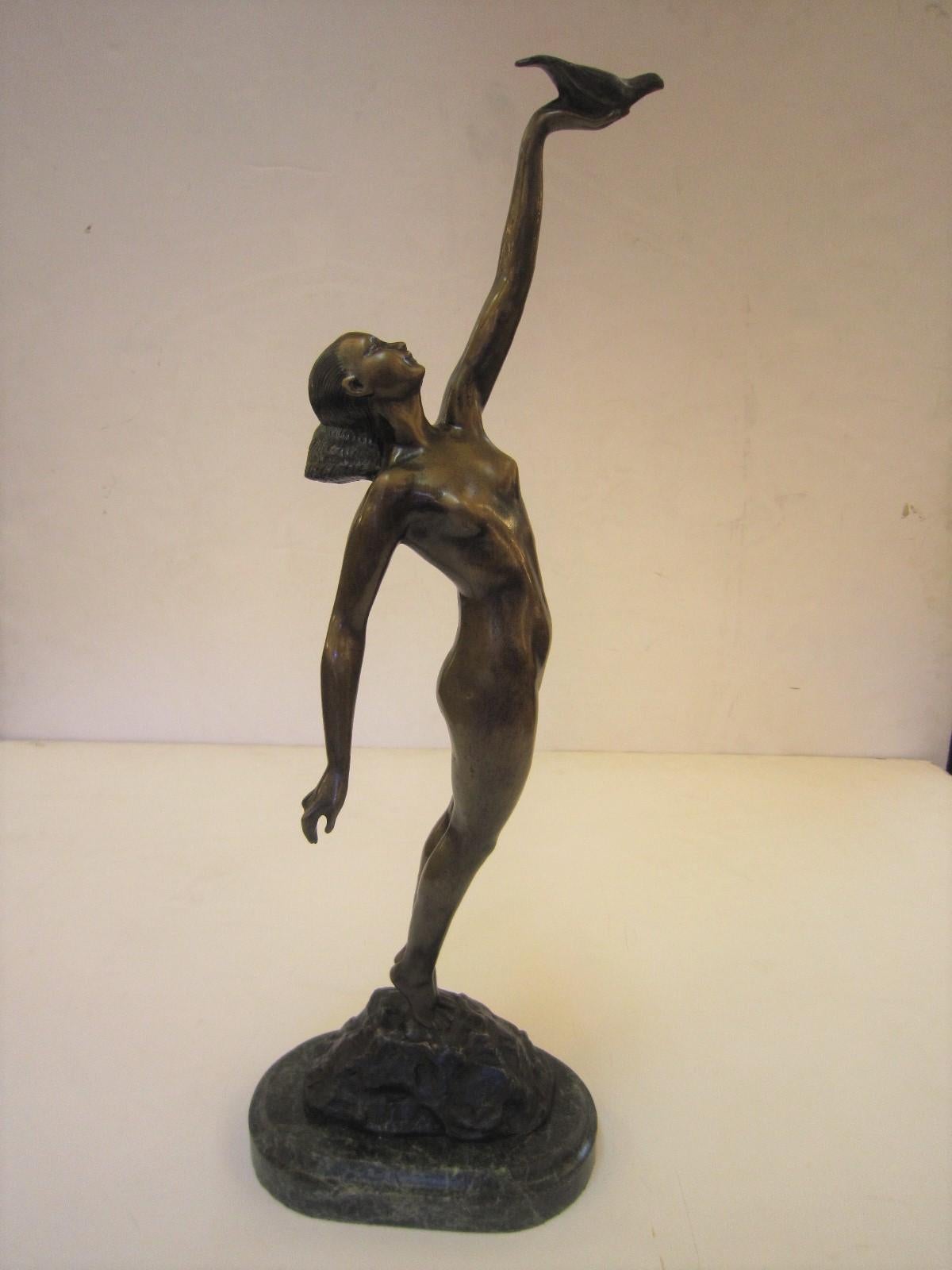 Art Deco Style Bronze Sculpture of a Nude Holding a Bird 6