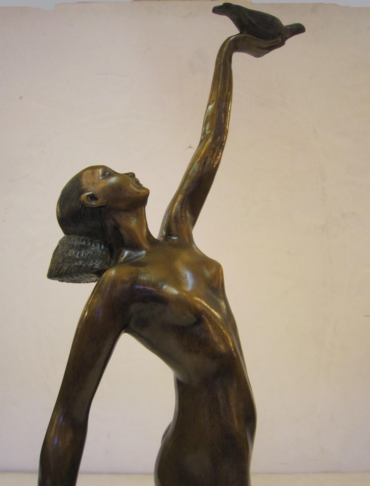 Art Deco Style Bronze Sculpture of a Nude Holding a Bird 1