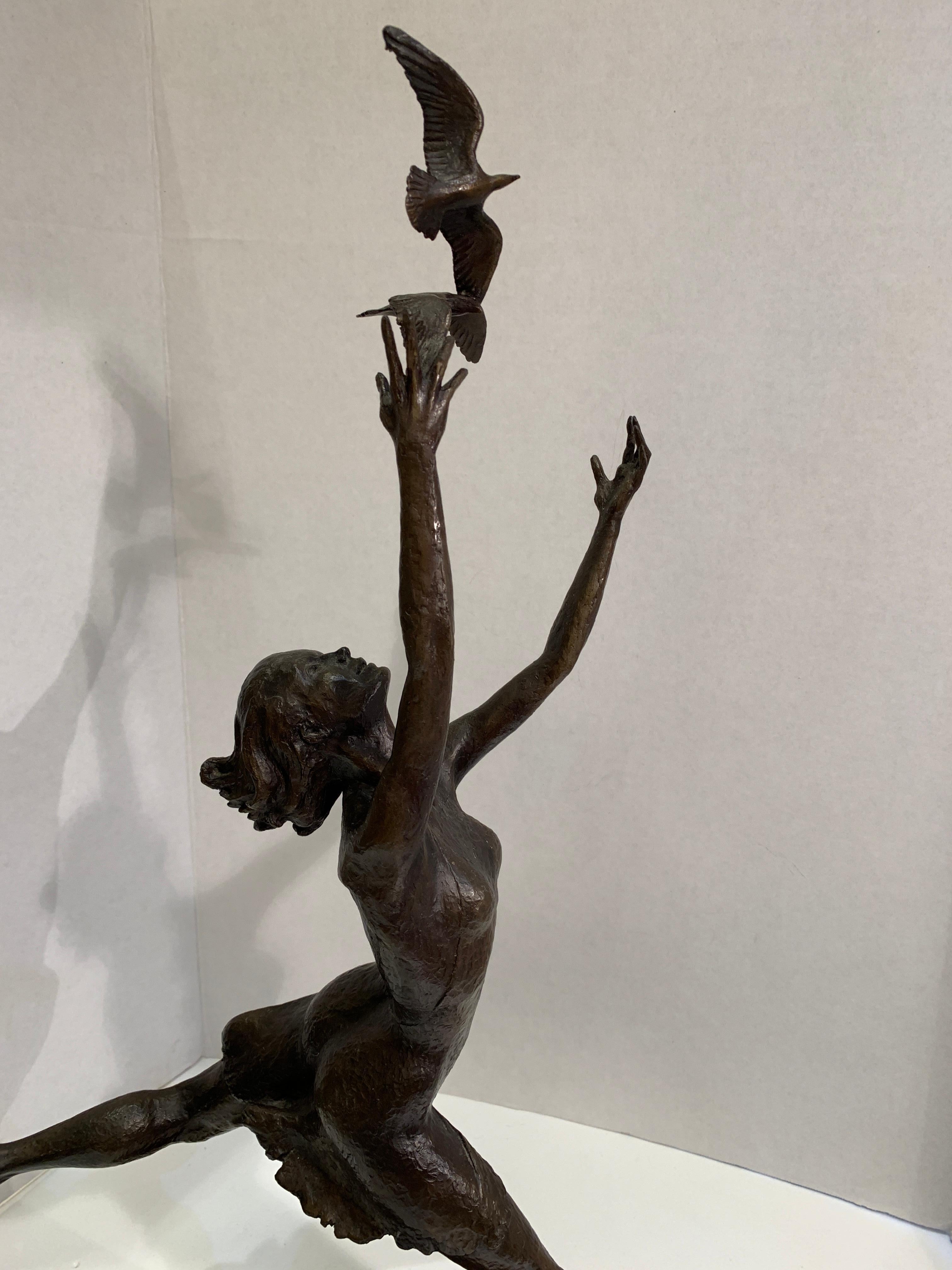 Art Deco Style Bronze Sculpture of a Woman Reaching for Seagulls by M. Young 4