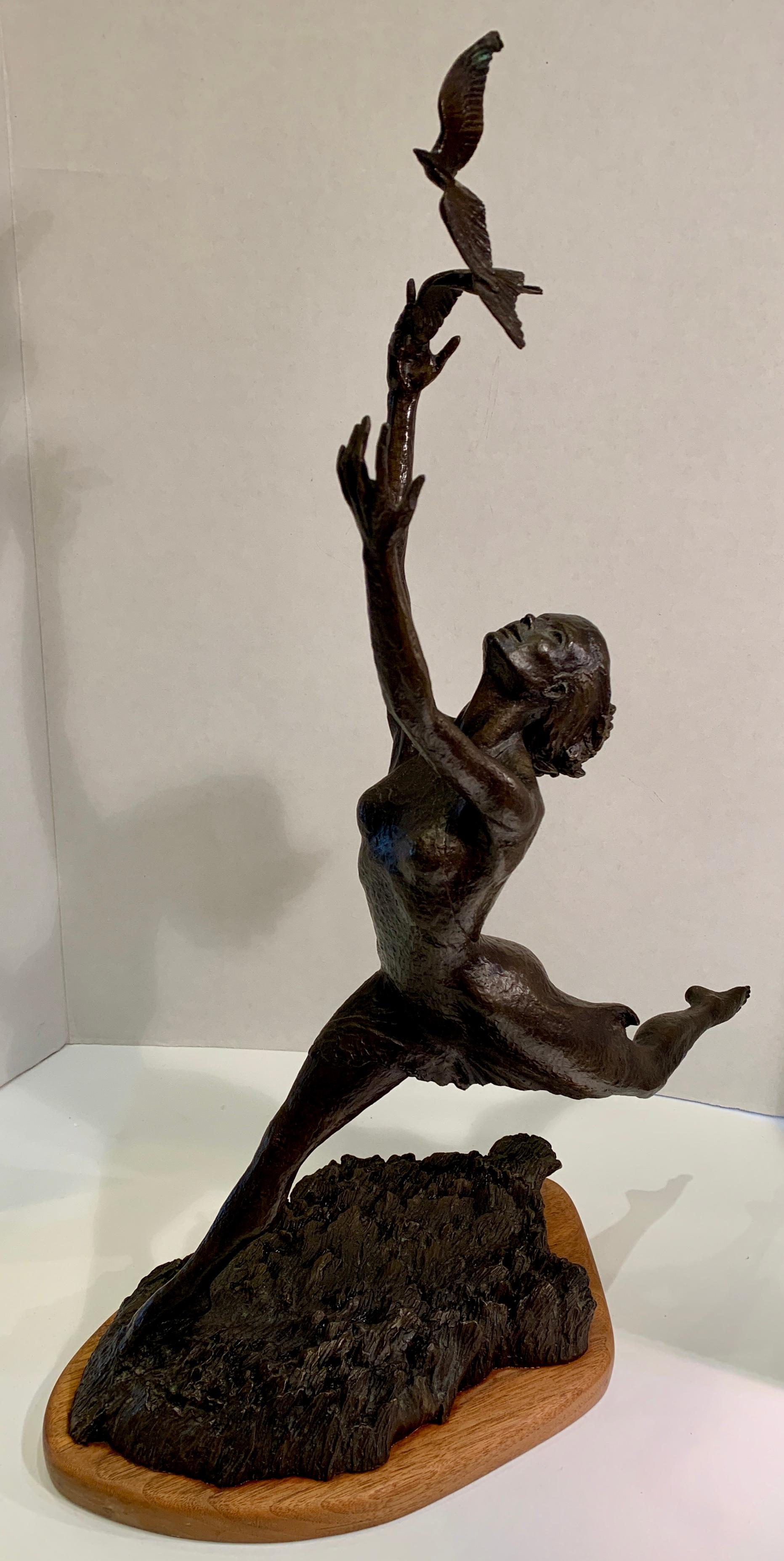 Art Deco Style Bronze Sculpture of a Woman Reaching for Seagulls by M. Young In Good Condition In Tustin, CA