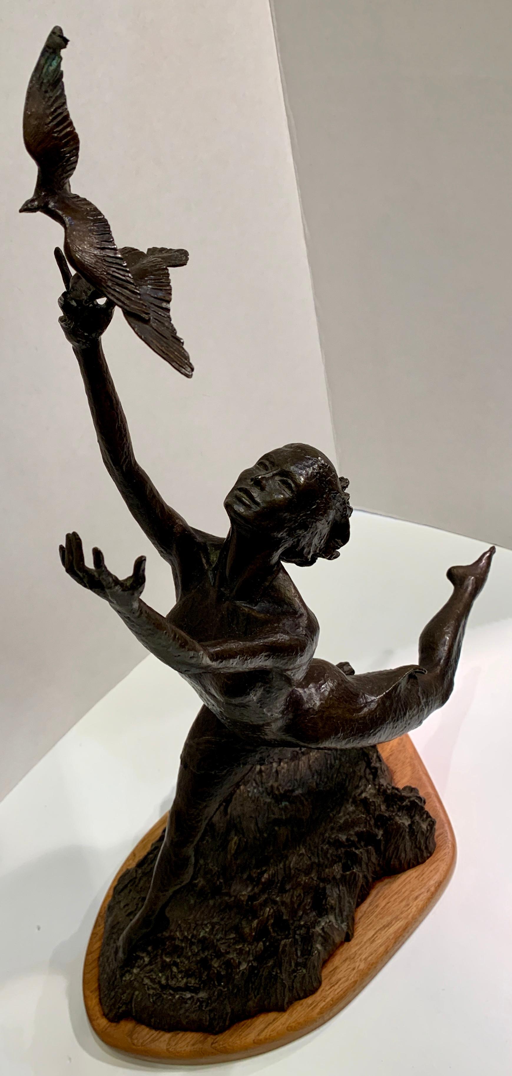Late 20th Century Art Deco Style Bronze Sculpture of a Woman Reaching for Seagulls by M. Young