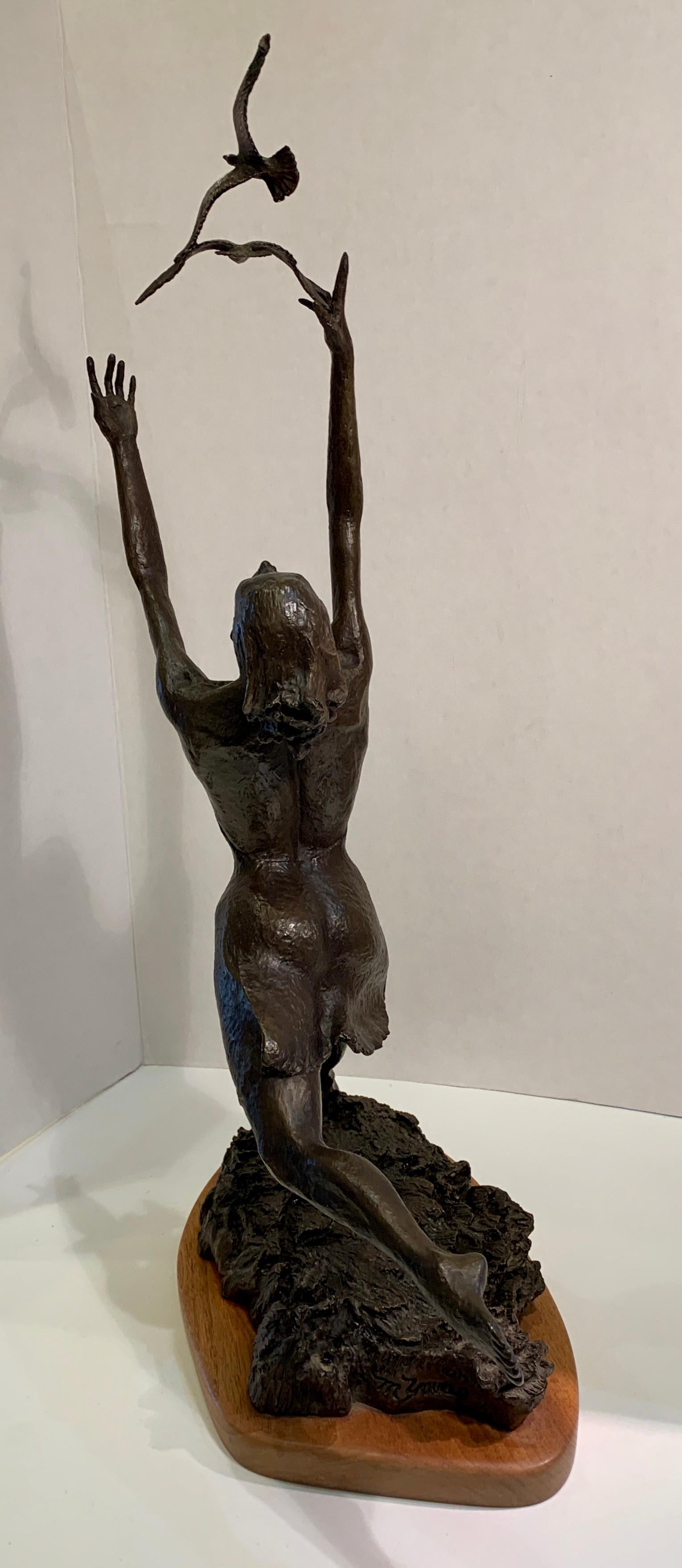 Art Deco Style Bronze Sculpture of a Woman Reaching for Seagulls by M. Young 3