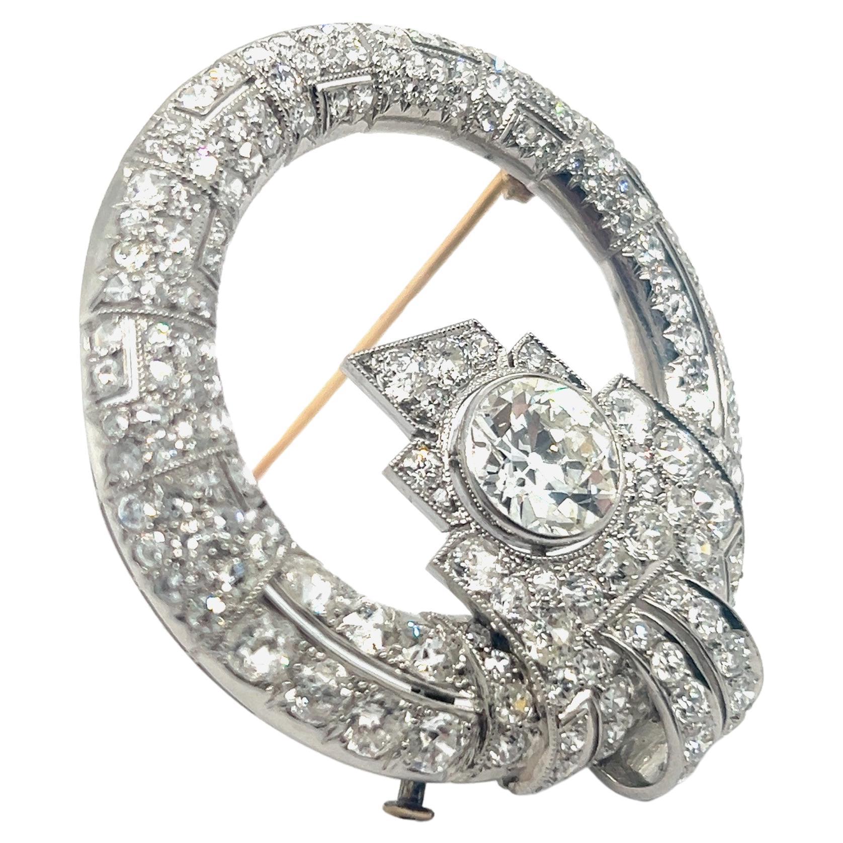 Old European Cut Art Deco Style Brooch with Old Cut Diamonds in Platinum 950 For Sale