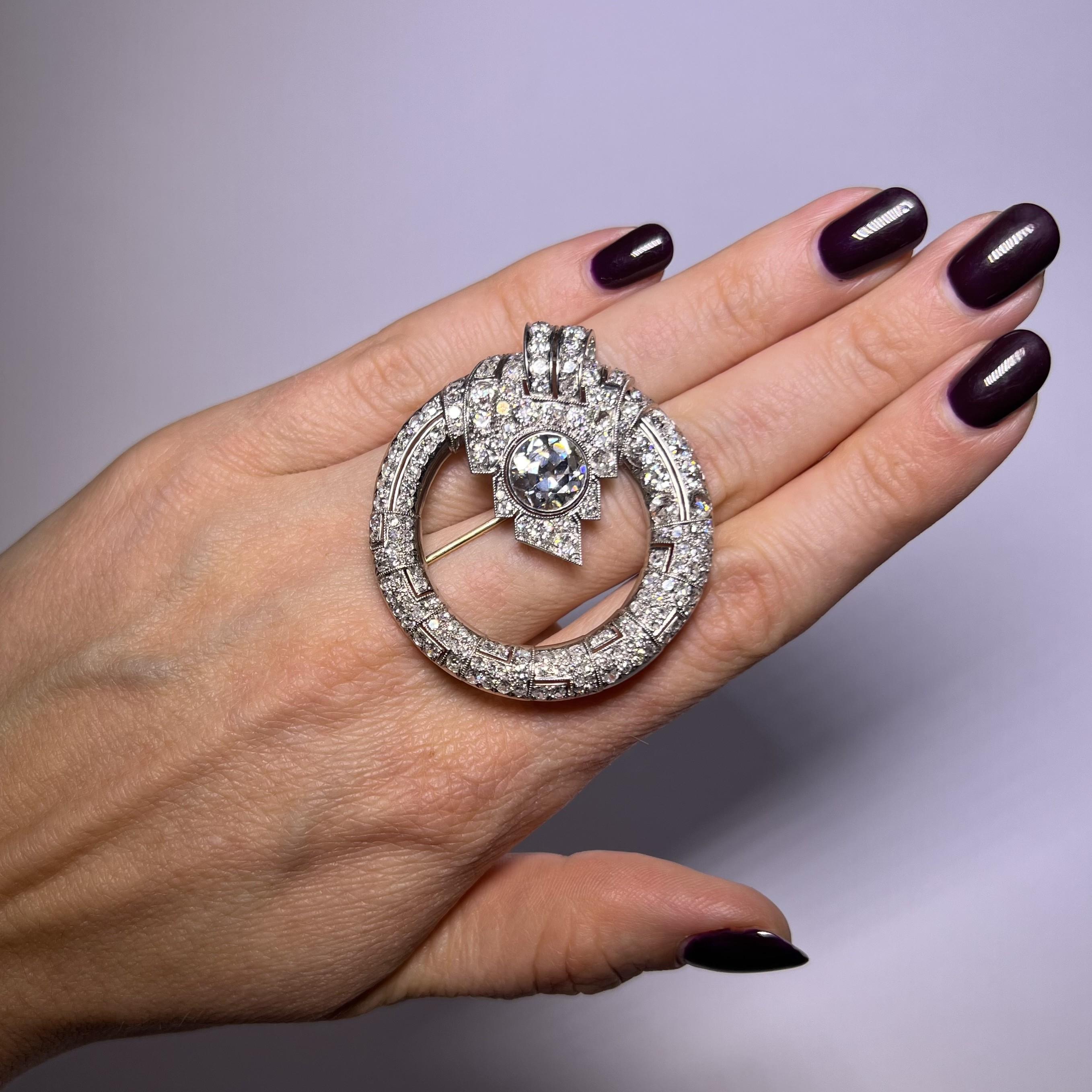 Women's or Men's Art Deco Style Brooch with Old Cut Diamonds in Platinum 950 For Sale