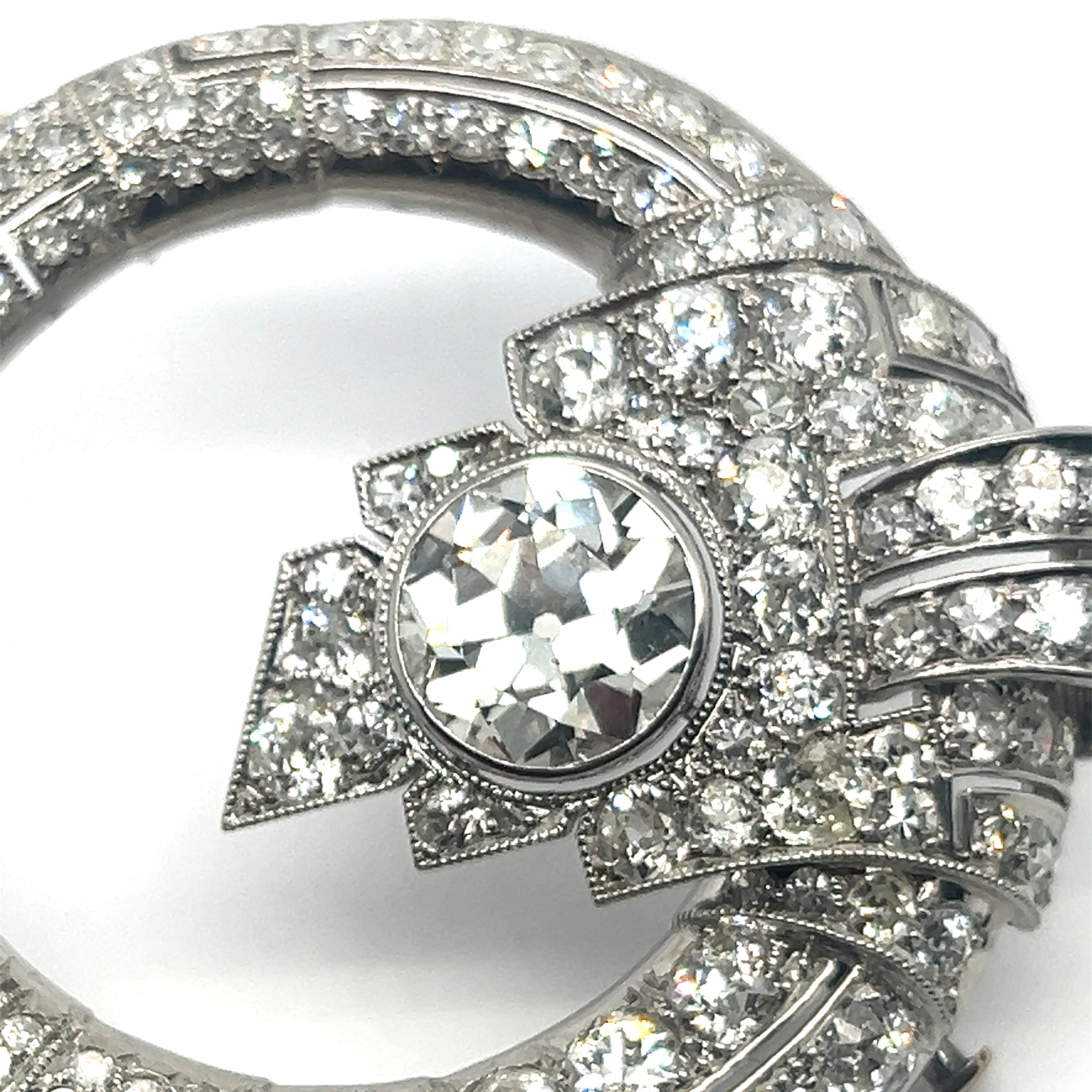 Art Deco Style Brooch with Old Cut Diamonds in Platinum 950 For Sale 2