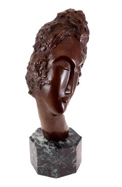 Art Deco Style Brown Patinated Bronze Woman’s Head Sculpture