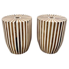 Art Deco Style Brown & White Cylindrical Walnut Resin End Table or Stool, a Pair