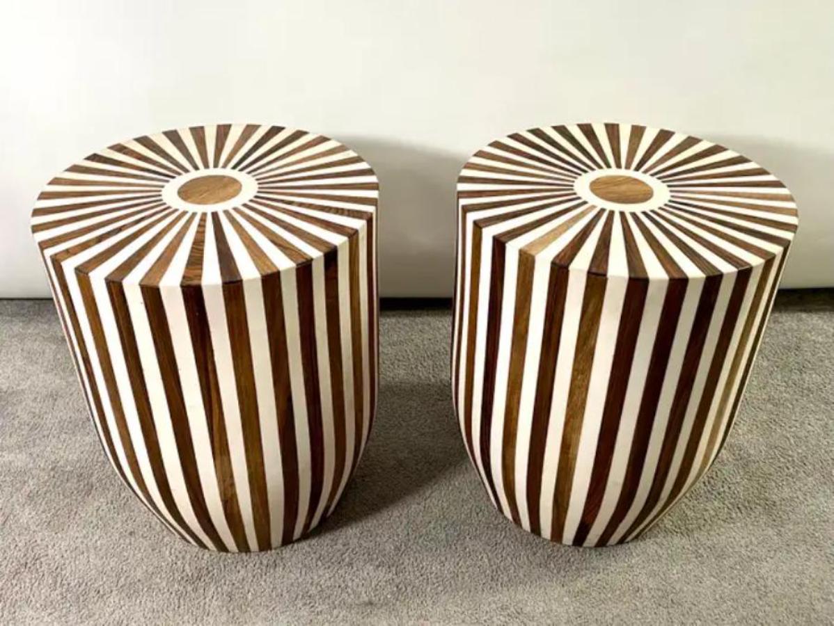 Hand-Carved Art Deco Style Brown & White Cylindrical Walnut Resin End Table or Stool, a Pair For Sale