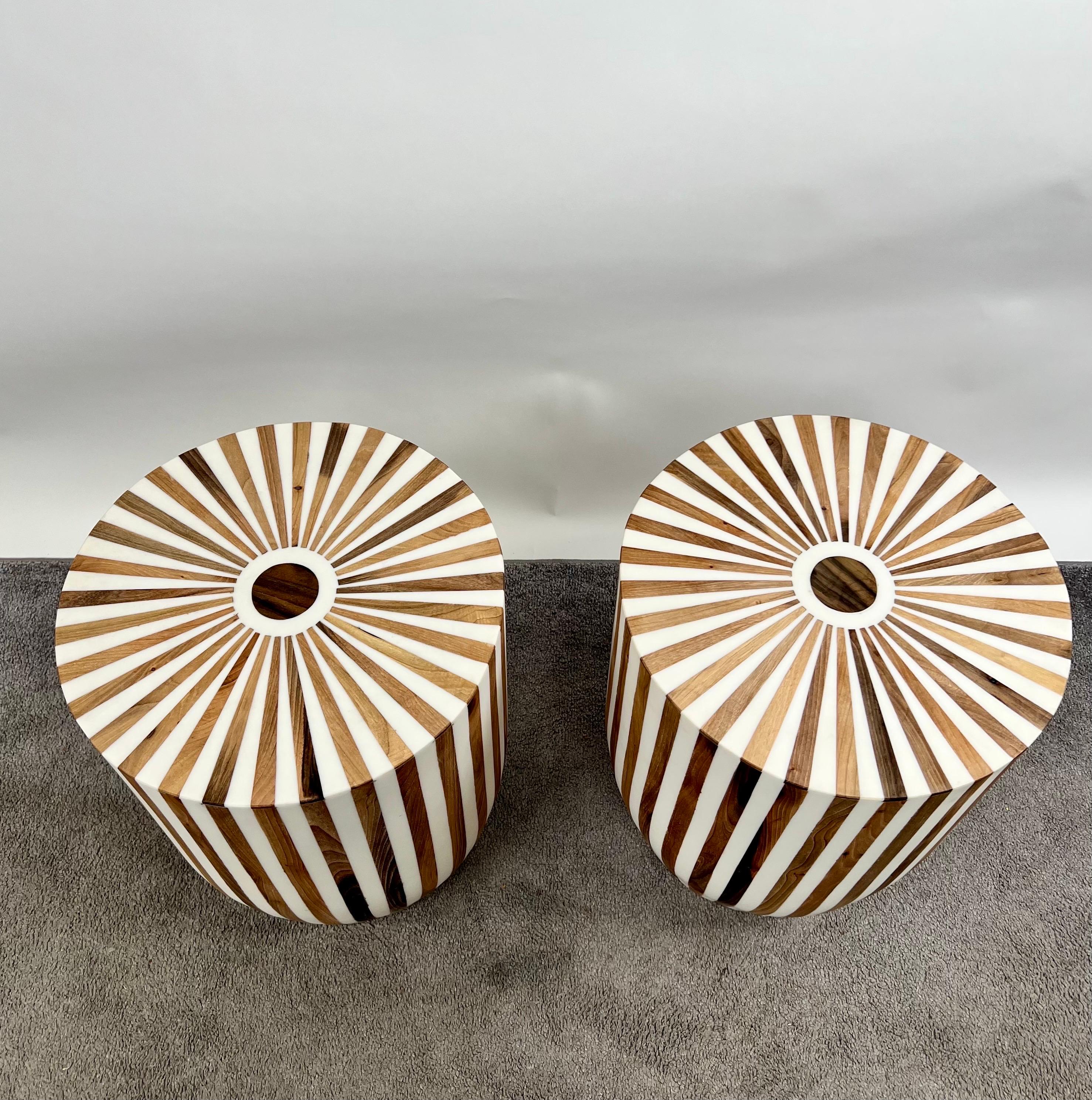 Art Deco Style Brown & White Cylindrical Walnut Resin End Table or Stool, a Pair In Good Condition For Sale In Plainview, NY