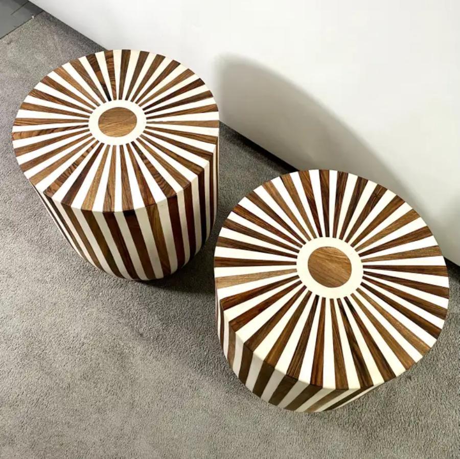 20th Century Art Deco Style Brown & White Cylindrical Walnut Resin End Table or Stool, a Pair For Sale
