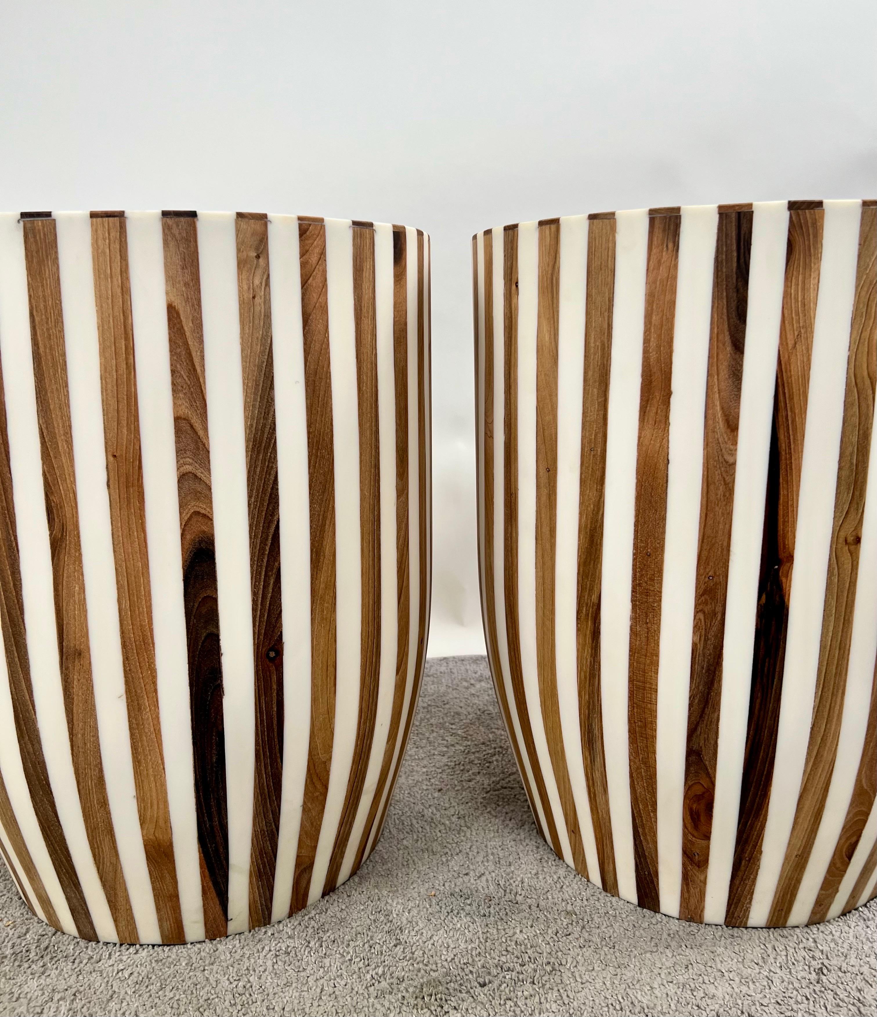 Art Deco Style Brown & White Cylindrical Walnut Resin End Table or Stool, a Pair For Sale 1
