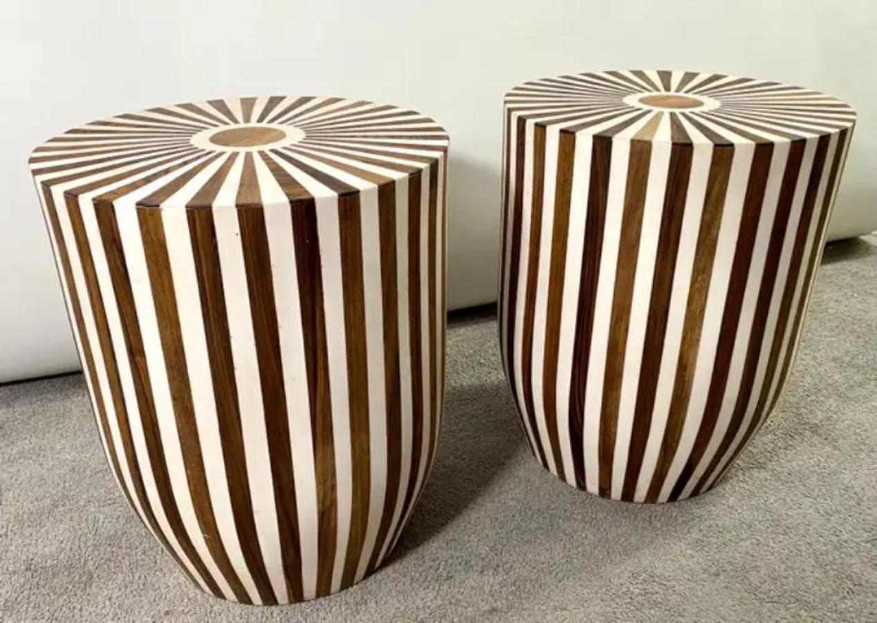 Art Deco Style Brown & White Cylindrical Walnut Resin End Table or Stool, a Pair For Sale 2