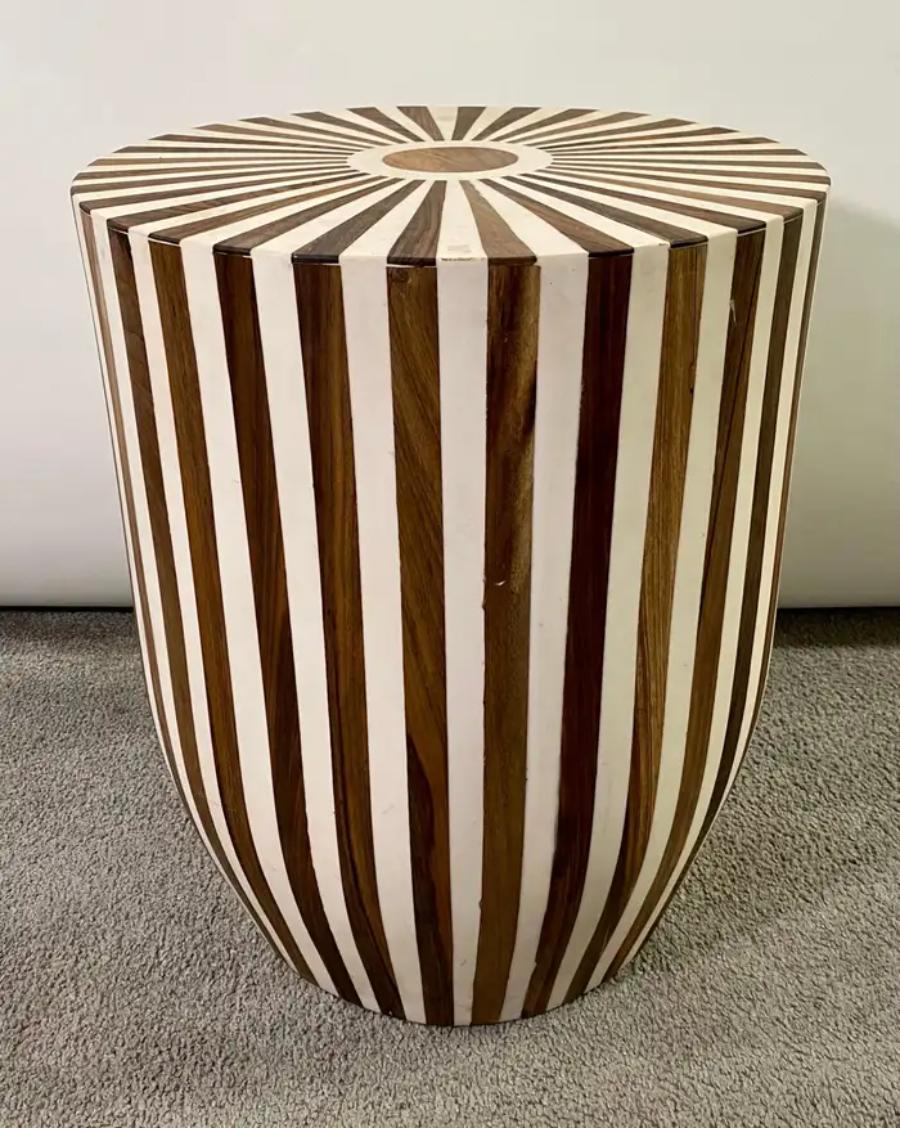 Art Deco Style Brown & White Cylindrical Walnut Resin End Table or Stool, a Pair For Sale 3