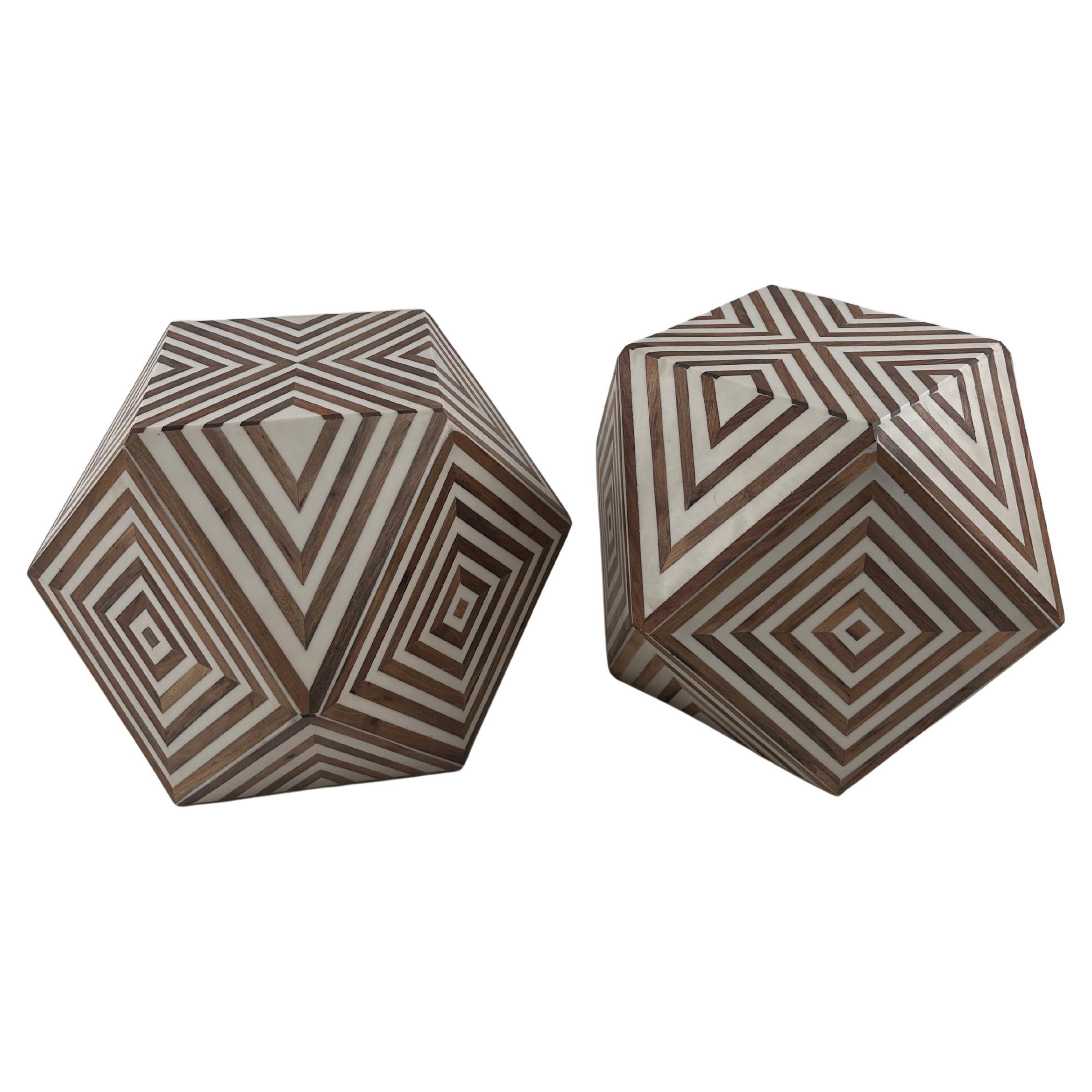 A pair of Art Deco Style Brown & White Sculptural Resin & Walnut Side or End Tables: 
A striking pair of sculptural side tables embodies the bold geometric elegance of Art Deco design, seamlessly fused with a contemporary edge. Crafted from