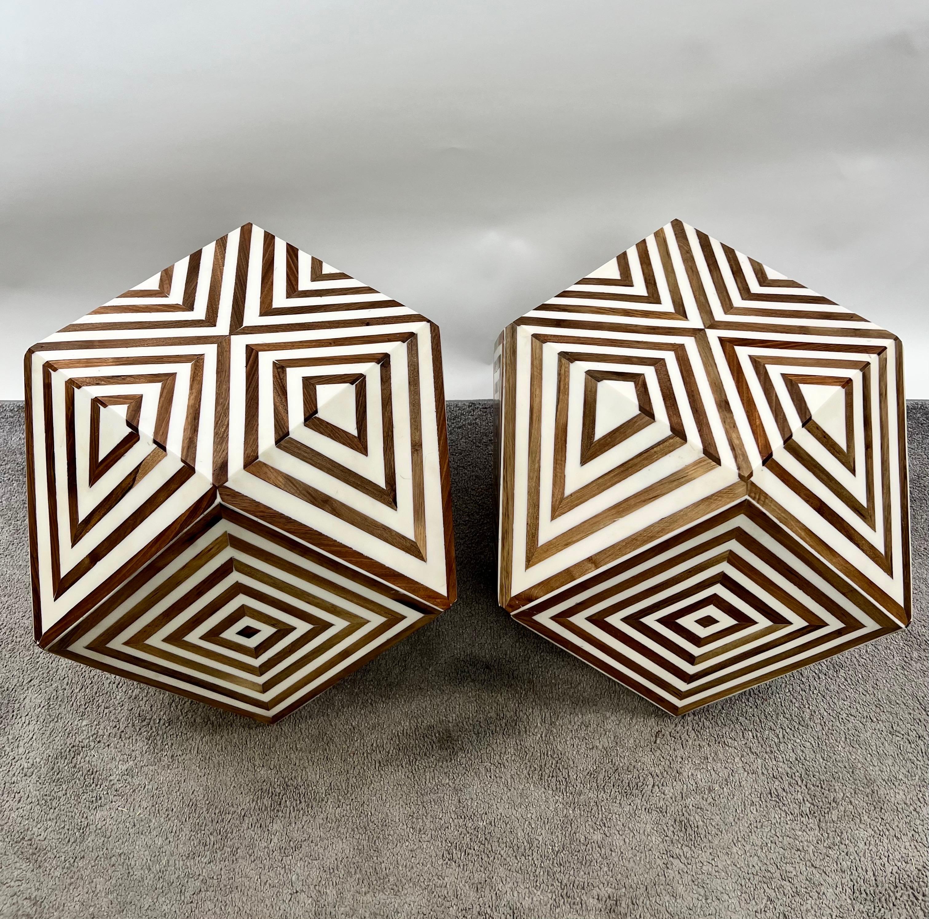 Art Deco Style Brown & White Sculptural Resin & Walnut Side or End Table, a Pair For Sale 2