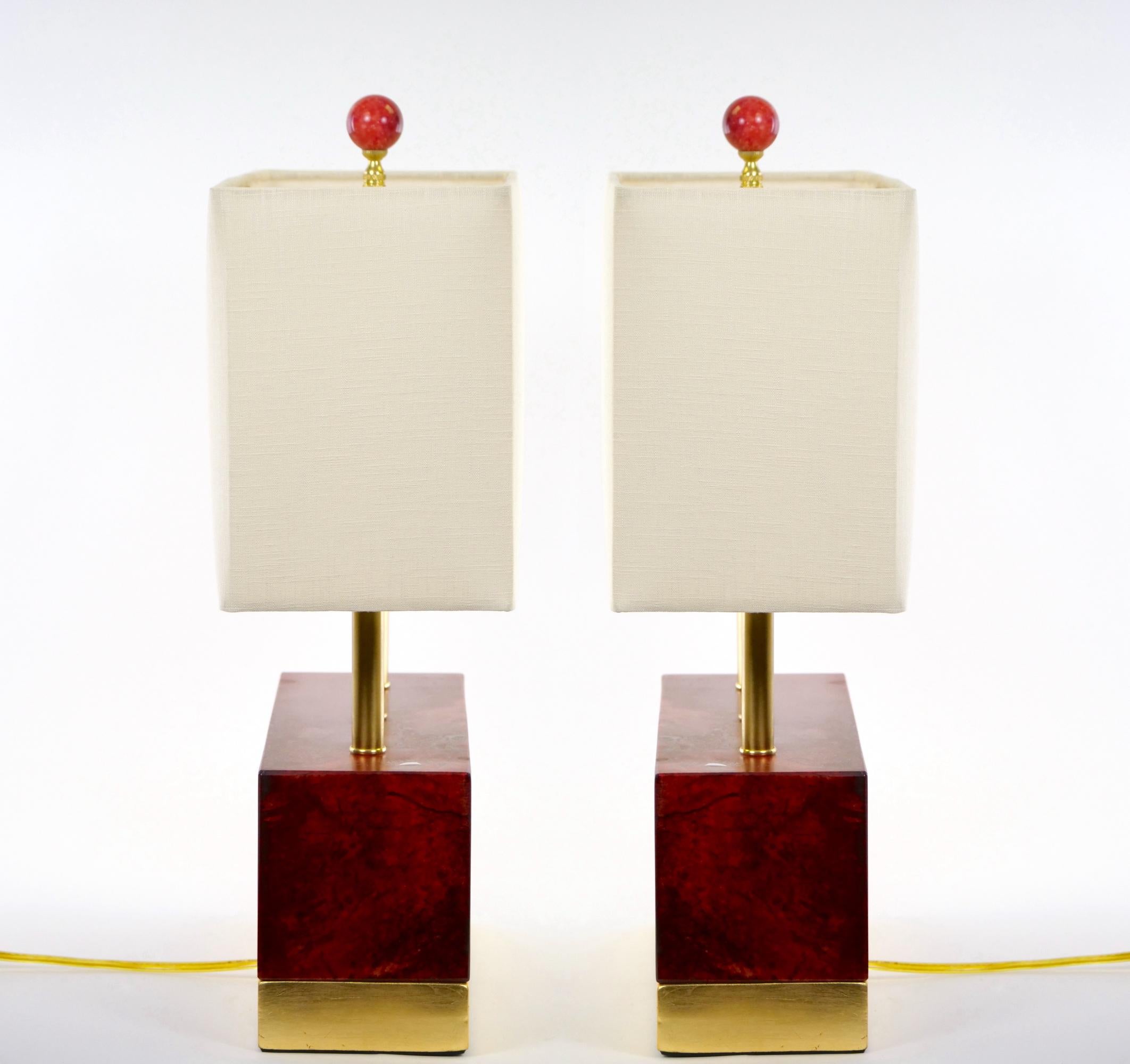 Italian Art Deco Style Burgundy Red Jade / Brass Decorated Table Lamps