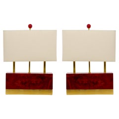 Art Deco Style Burgundy Red Jade / Brass Decorated Table Lamps