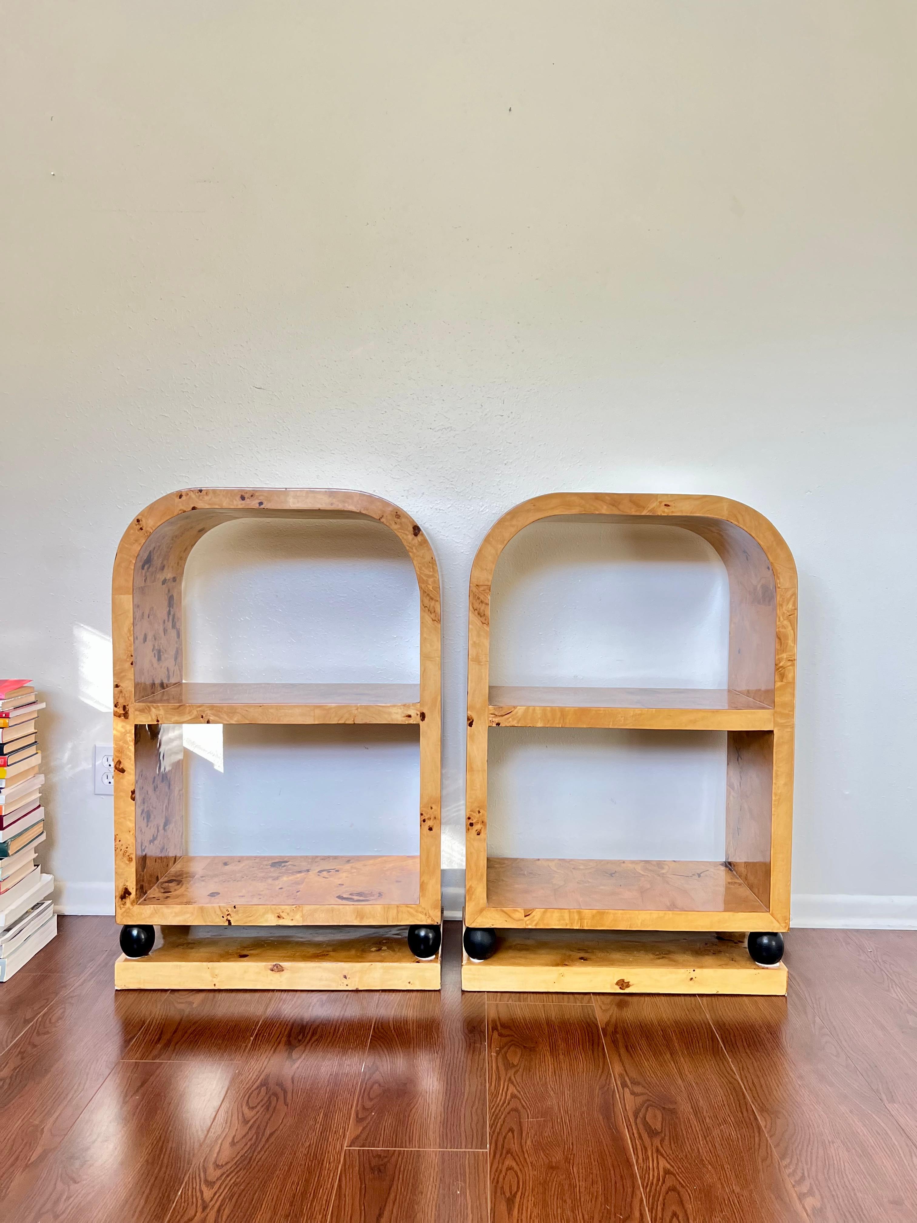 Art Deco Style Burl Veneer Bookcase Side Tables In Good Condition In Houston, TX