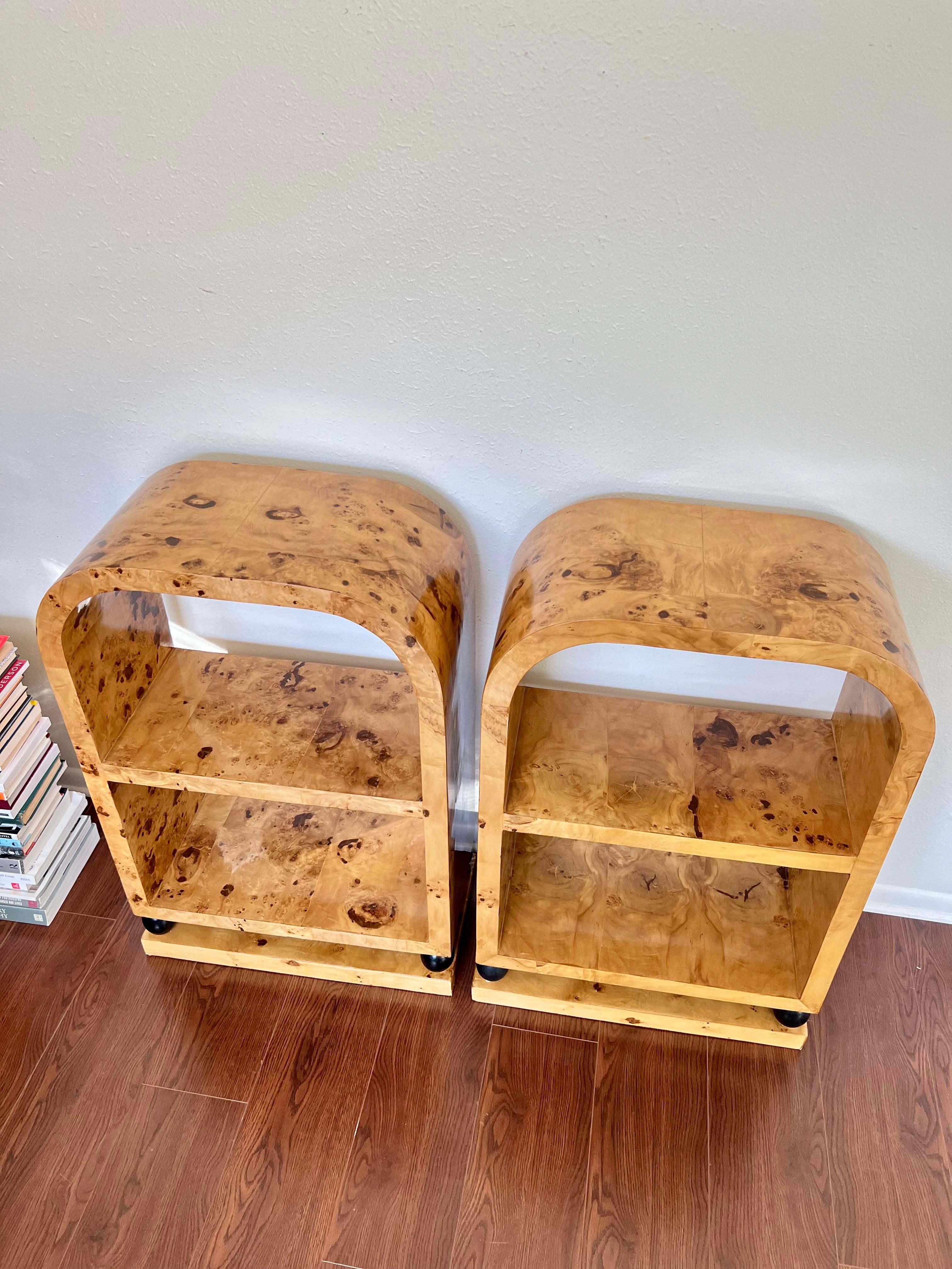 Contemporary Art Deco Style Burl Veneer Bookcase Side Tables