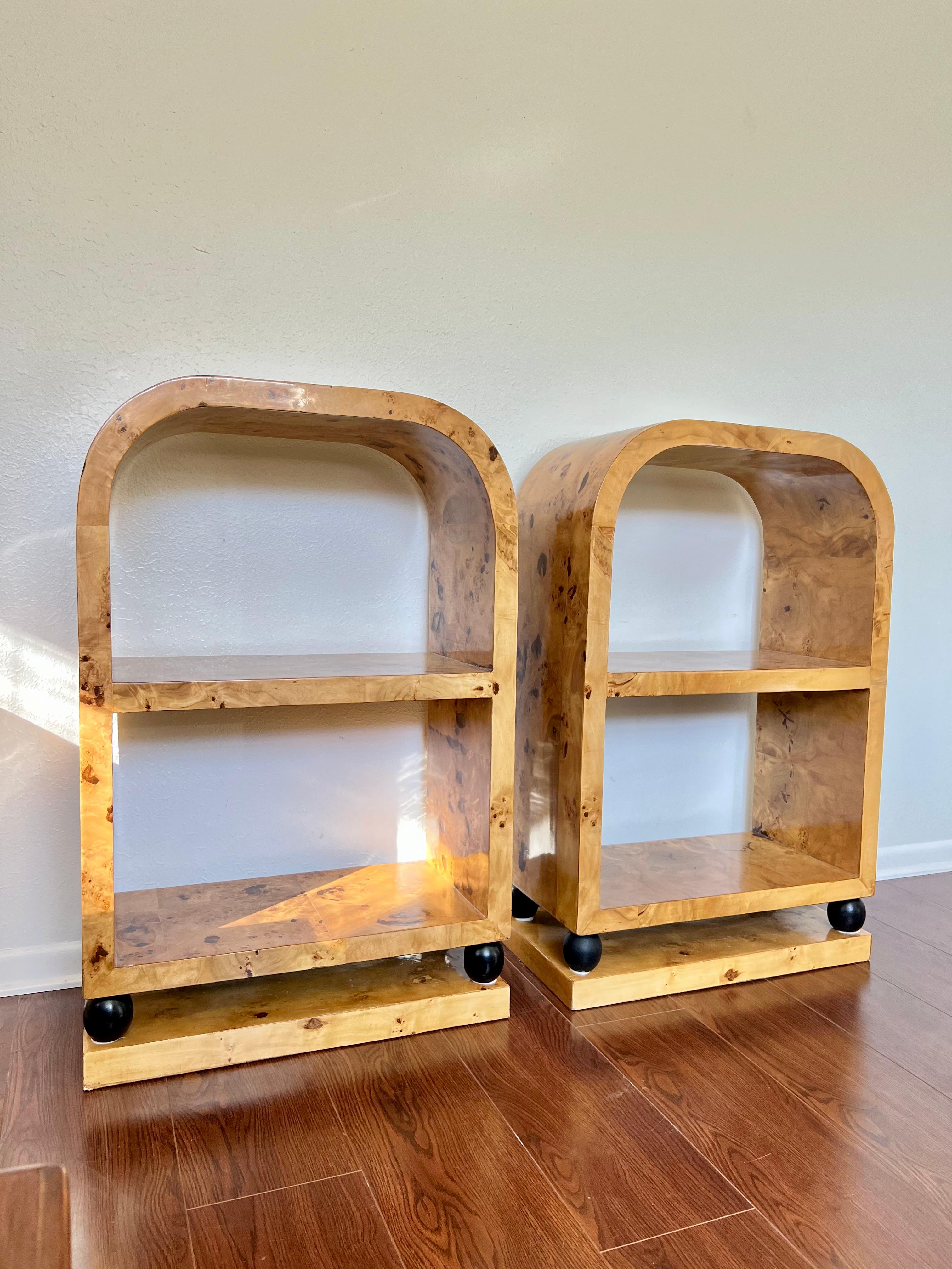 Art Deco Style Burl Veneer Bookcase Side Tables 3