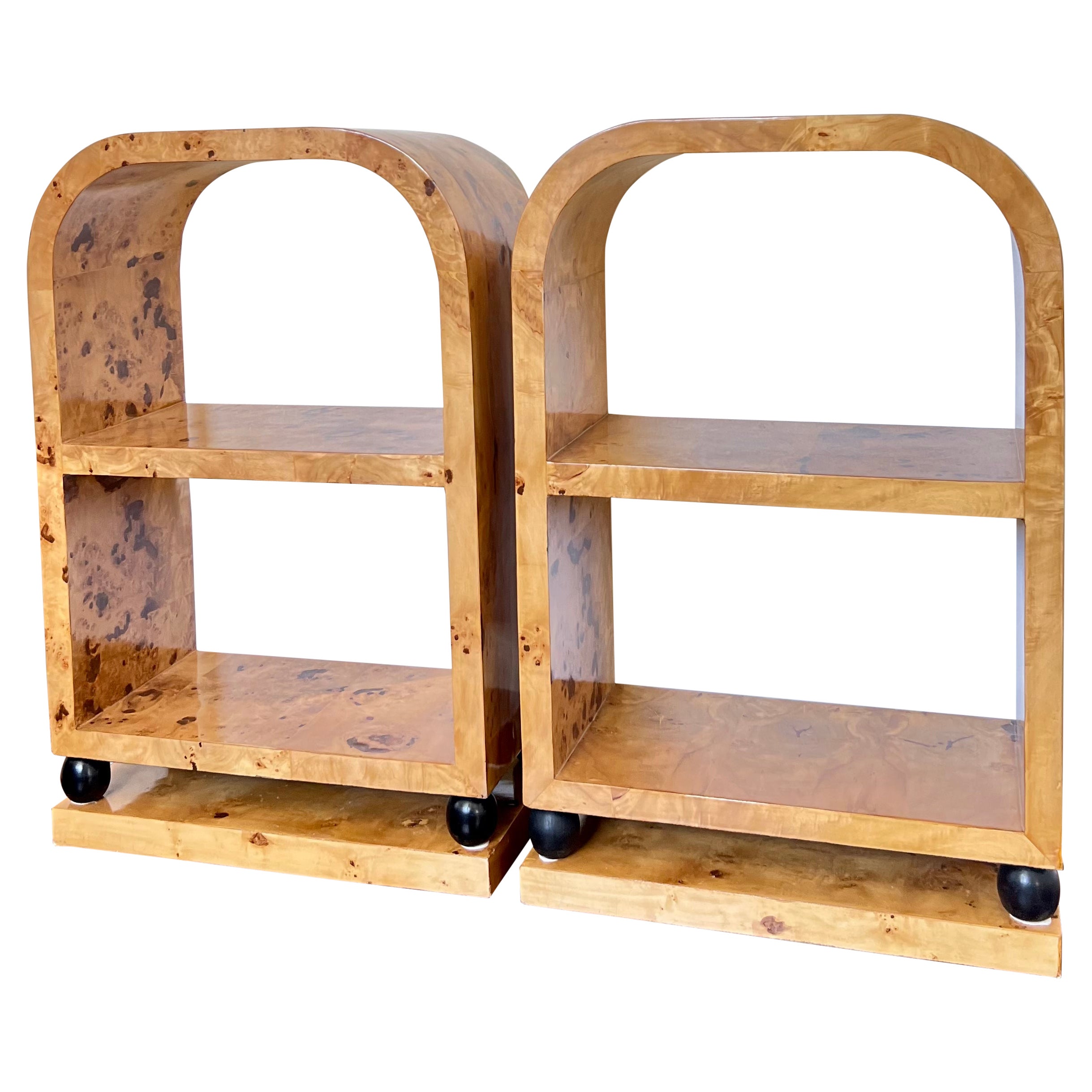 Art Deco Style Burl Veneer Bookcase Side Tables